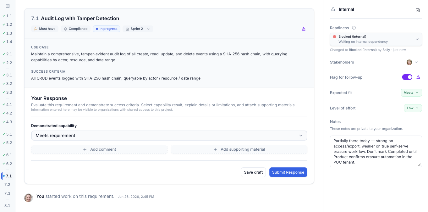 Evaluate workspace with requirement detail, vendor response, and buyer assessment.