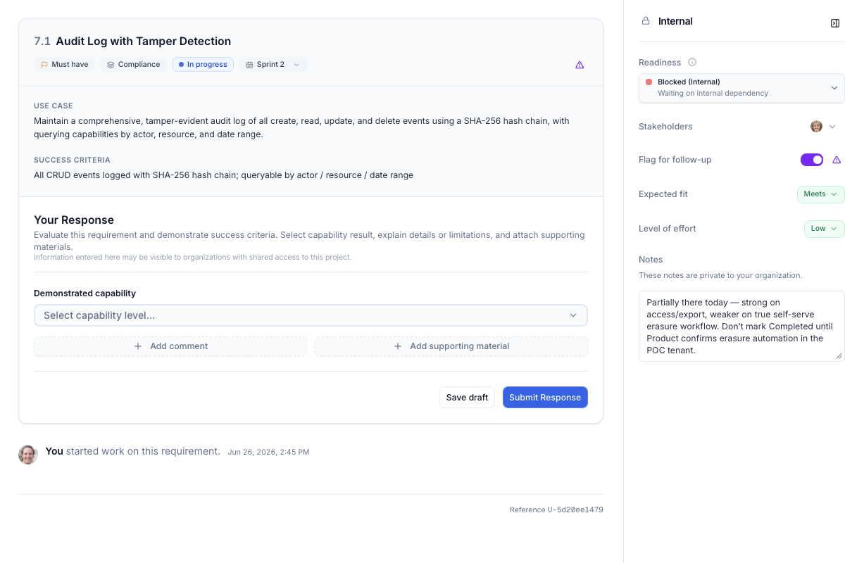 Evaluate workspace with requirement detail, vendor response, and assessment.